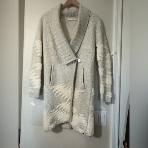 One Grey Day Heather Gray Long Cardigan with Shawl Collar and Geometric Pattern